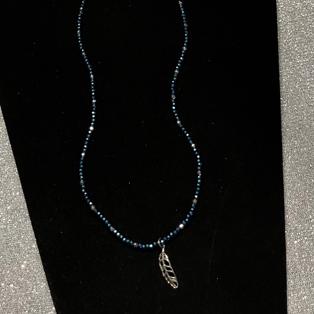 New Blue Hematite Sterling Silver Leaf Necklace